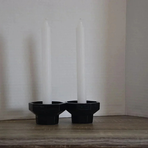Vtg Black Glass Candlestick Holders - Picture 2 of 4